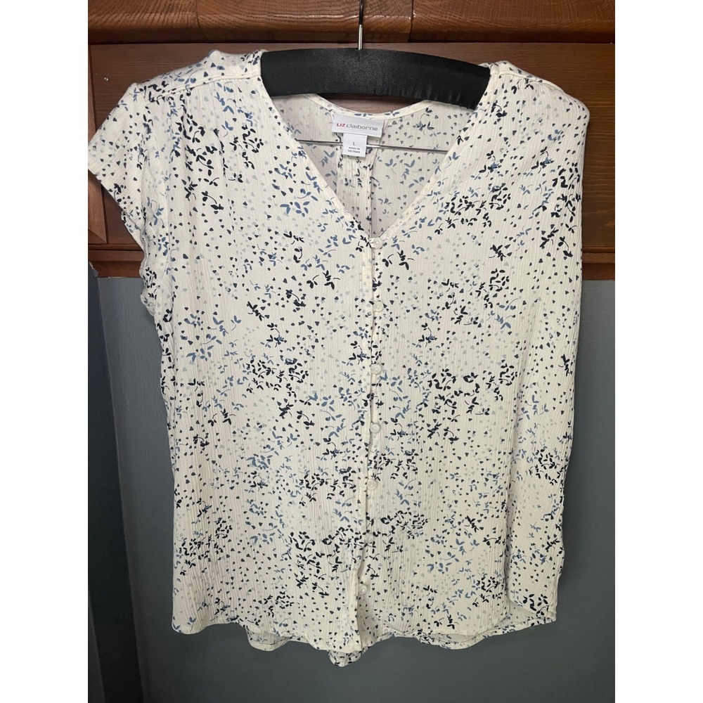 Liz Claiborne Womens Large White Blue Floral Button Front Cap Sleeve Blouse Top